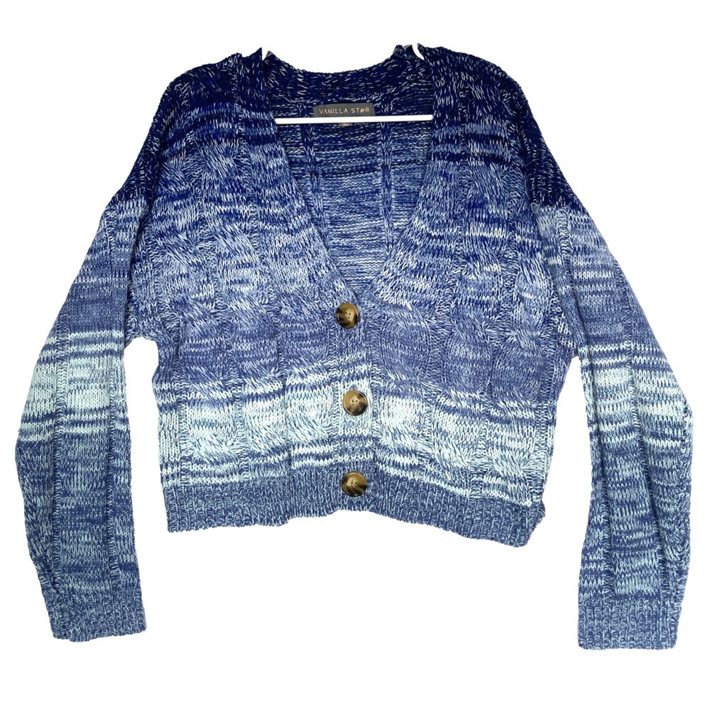 VTG Vanilla Star Cropped Cable Knit Cardigan Sweater Womens L Slouchy Blue Ombre